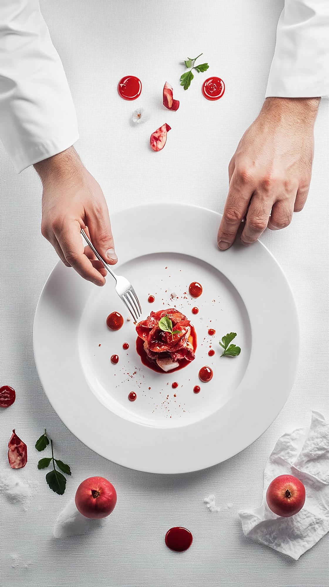 Skilled cooks plating composed dishes
